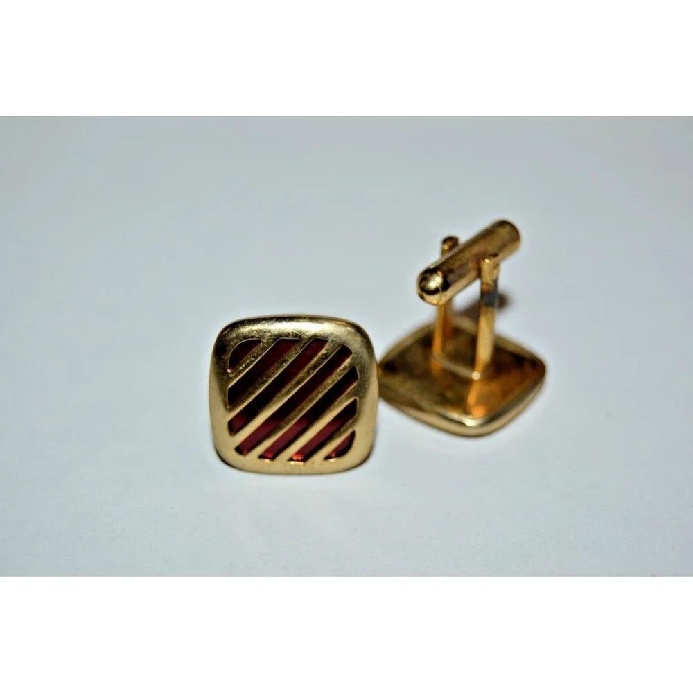 Vintage Brass with Red Accents 1960s Classic Men's Cuff Links & Tie Bar Set Rare